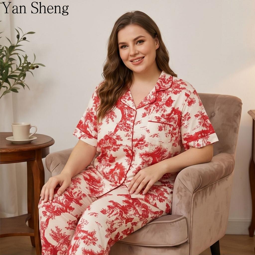 Kadın Pijama Takımı Büyük Beden Yazlık İnce Kısa Kollu Kabarcıklı Kırışık Baskılı Sevimli Nefes Alabilen Ev Giyimi Uyku İçin