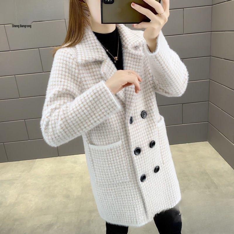 Women's Mid-Length Mink Coat Cardigan - Korean Style Loose Suit Collar Knitted Overcoat for Autumn and Spring
