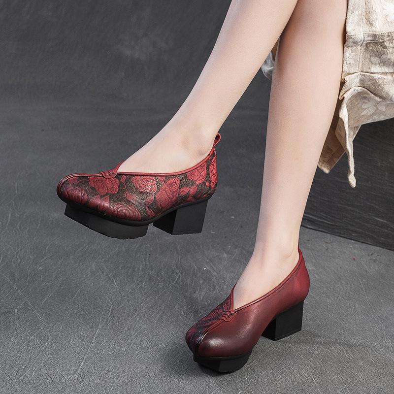 Chinese Style Platform Pumps Wipe Color Chunky Heel Waterproof Platform Women Dress Shoes
