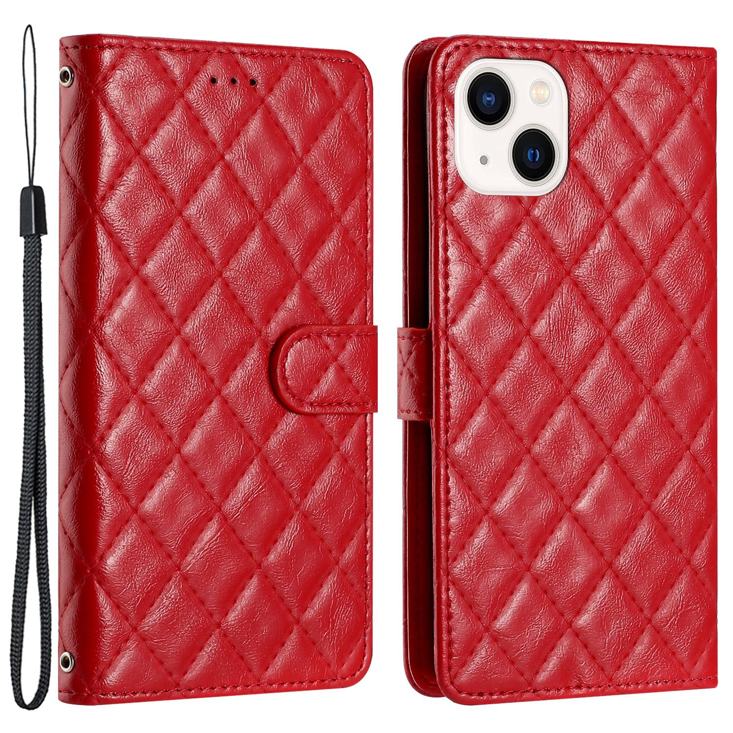 

Phone Cover for iPhone 14 Plus,TPU+PU Leather Wallet Shell Flip Stand Stitching Line Rhombus Texture Phone Case Red