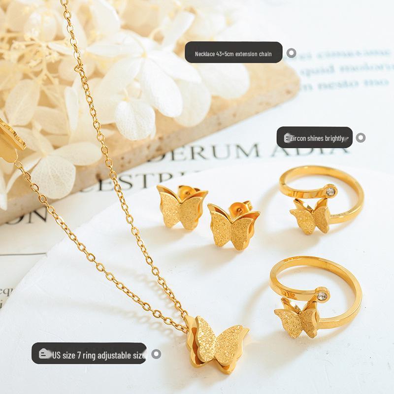 Stylish Frosted Butterfly Jewelry Set - Necklace, Stud Earrings, and Ring