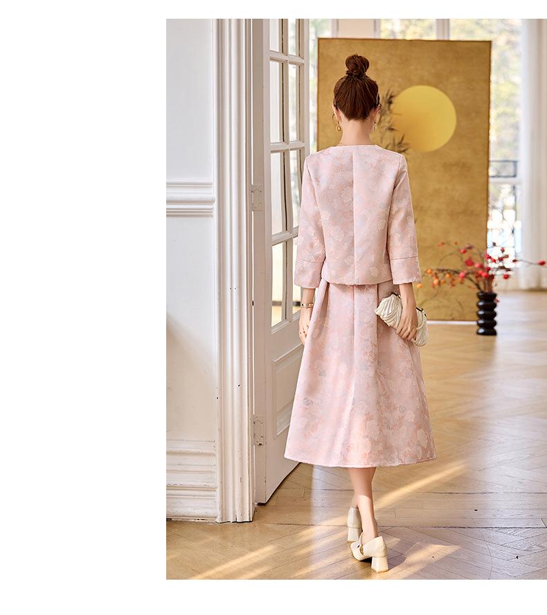 2025 Spring Chic Jacquard Frog Button Coat & Midi Skirt Set