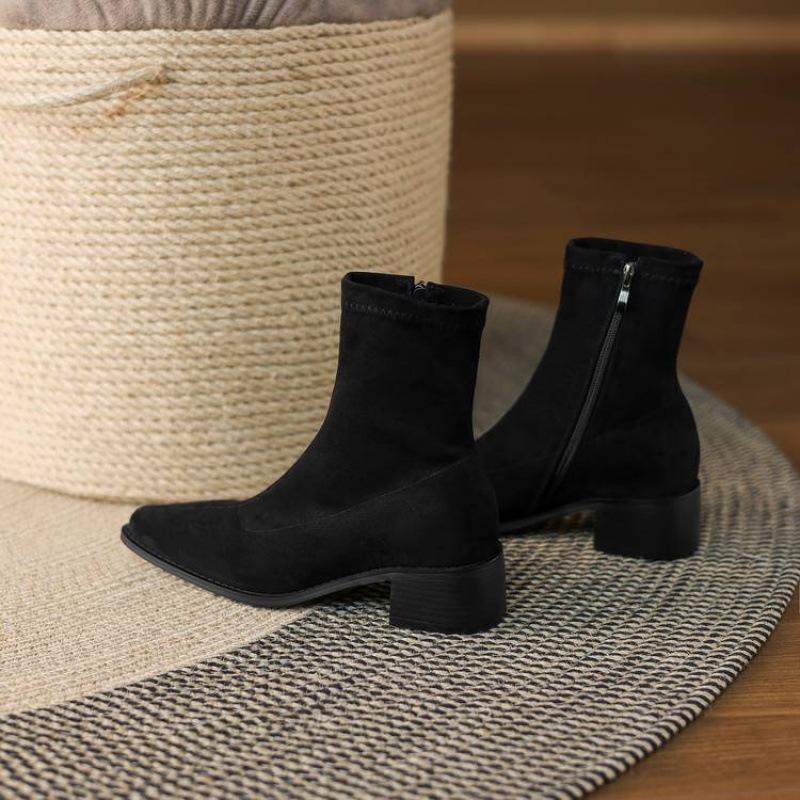 New Comfortable Rubber Sole Pointed Large Size Women's Boots Solid Color Elastic Suede Square Heel Medium Tube Boots Autumn and Winter Martin Boots Wo