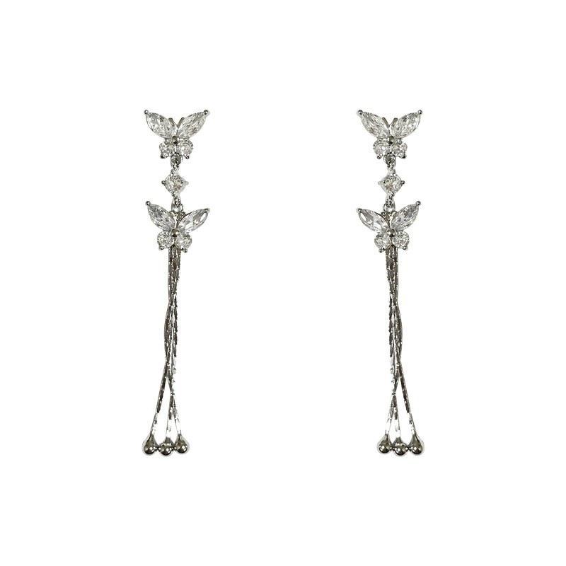 Sweet and exquisite super flash butterfly fringed earrings female, new face thin long earrings Internet celebrity earrings