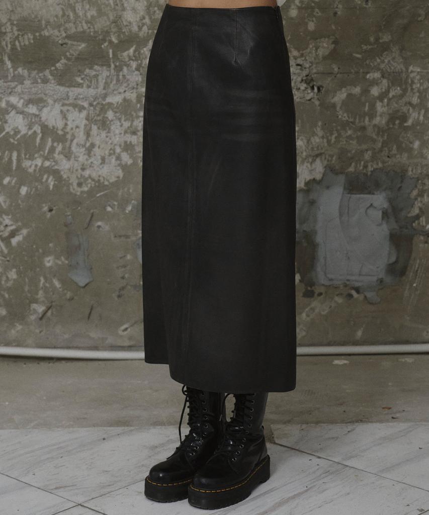Er Er Vintage Wash Leather Long Skirt Black