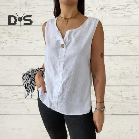 Women Vest Sleeveless Button Decoration Casual Tank Tops Solid Color Cotton Linen Lightweight Breathable Tops