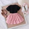 Girls' Fashion Set Spring and Summer Children's Casual Bow Print Short-sleeved and Pink Puffy Short Skirt Two-piece Set
