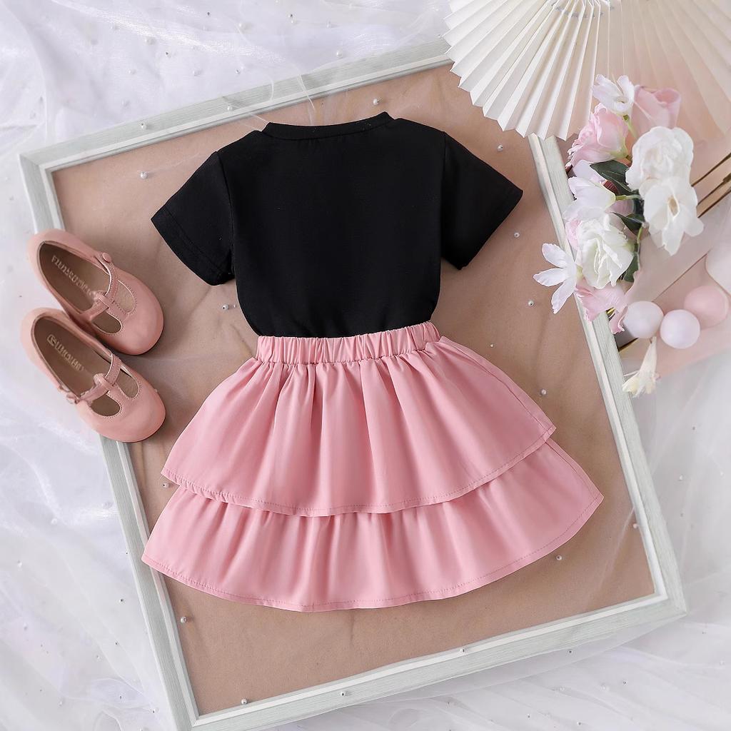 Girls' Fashion Set Spring and Summer Children's Casual Bow Print Short-sleeved and Pink Puffy Short Skirt Two-piece Set