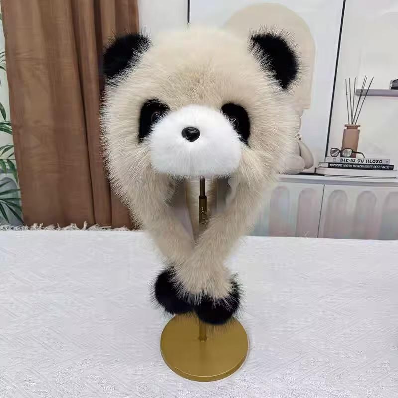 Parent-child Autumn and Winter Cute Plush Panda Hat Thick Warm Large Head Circumference Imitation Fox Fur Pullover Hat Earmuffs Hat
