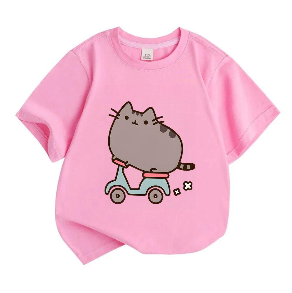 Cute Cartoon Cat Riding Scooter Print Kids 100% Cotton Crew Neck Short Sleeve T-Shirt, Unisex Boys Girls Casual Comfortable Lightweight Summer Basic T