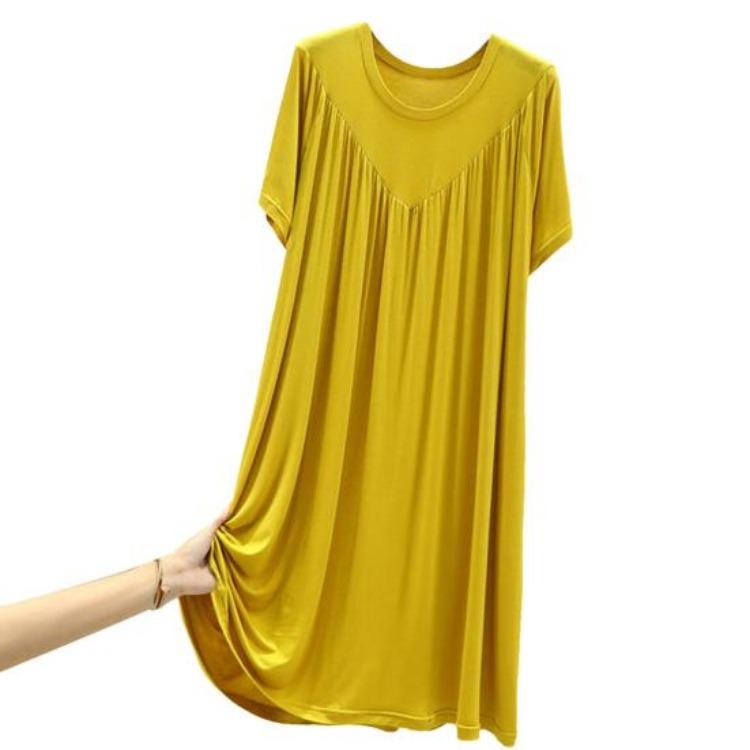 Summer Casual Dress Women Loose Knee Length Pullover Thin Midi Dress Short Sleeves Solid Color Pleated O Neck Daily Wear