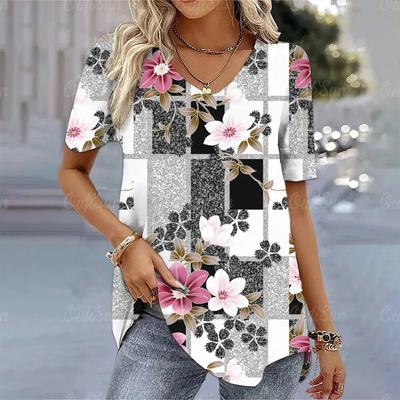 Y2k T-Shirt für Damen Blumendruck V-Ausschnitt Kurzarm Tops Sommermode Bluse Weibliche Harajuku Kleidung Übergroße tägliche T-Shirts