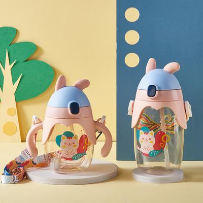 350ml Sommer Kinder Cartoon Plastikbecher mit Strohhalm Flip Wasserbecher mit Griff Baby Kindergarten Trinkbecher