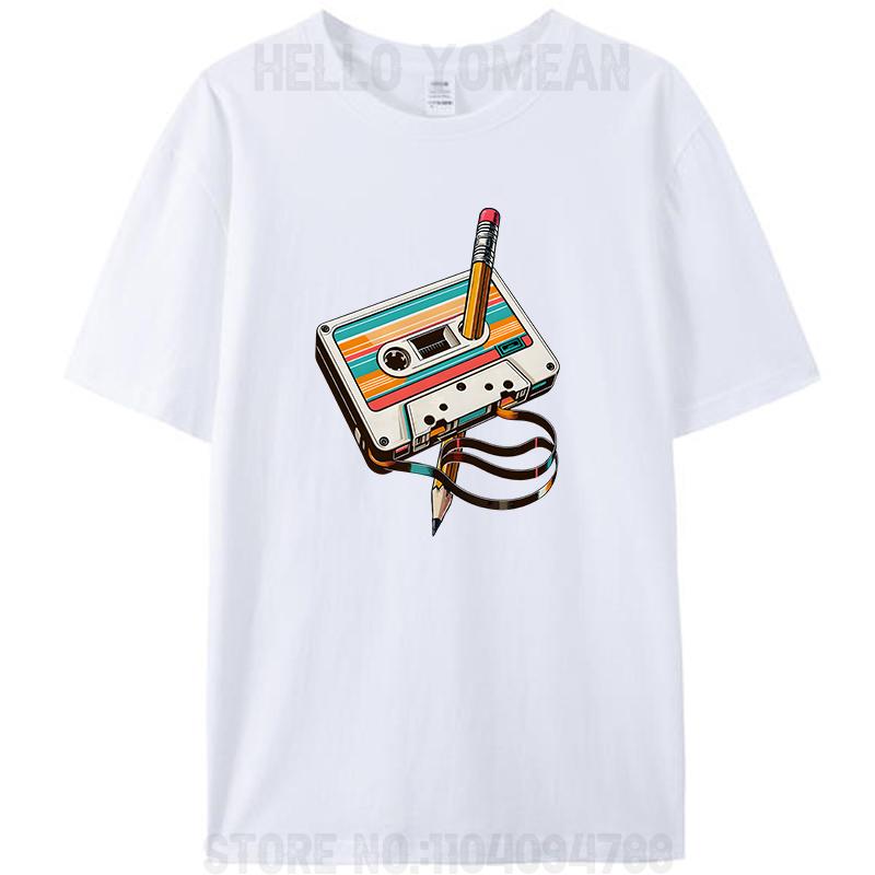 Retro Vintage Cassette Tape Pencil 70s 80s 90s Music Mixtape Women Men's 100% Cotton T-Shirt Clothing Round Neck Casual Tee Tops