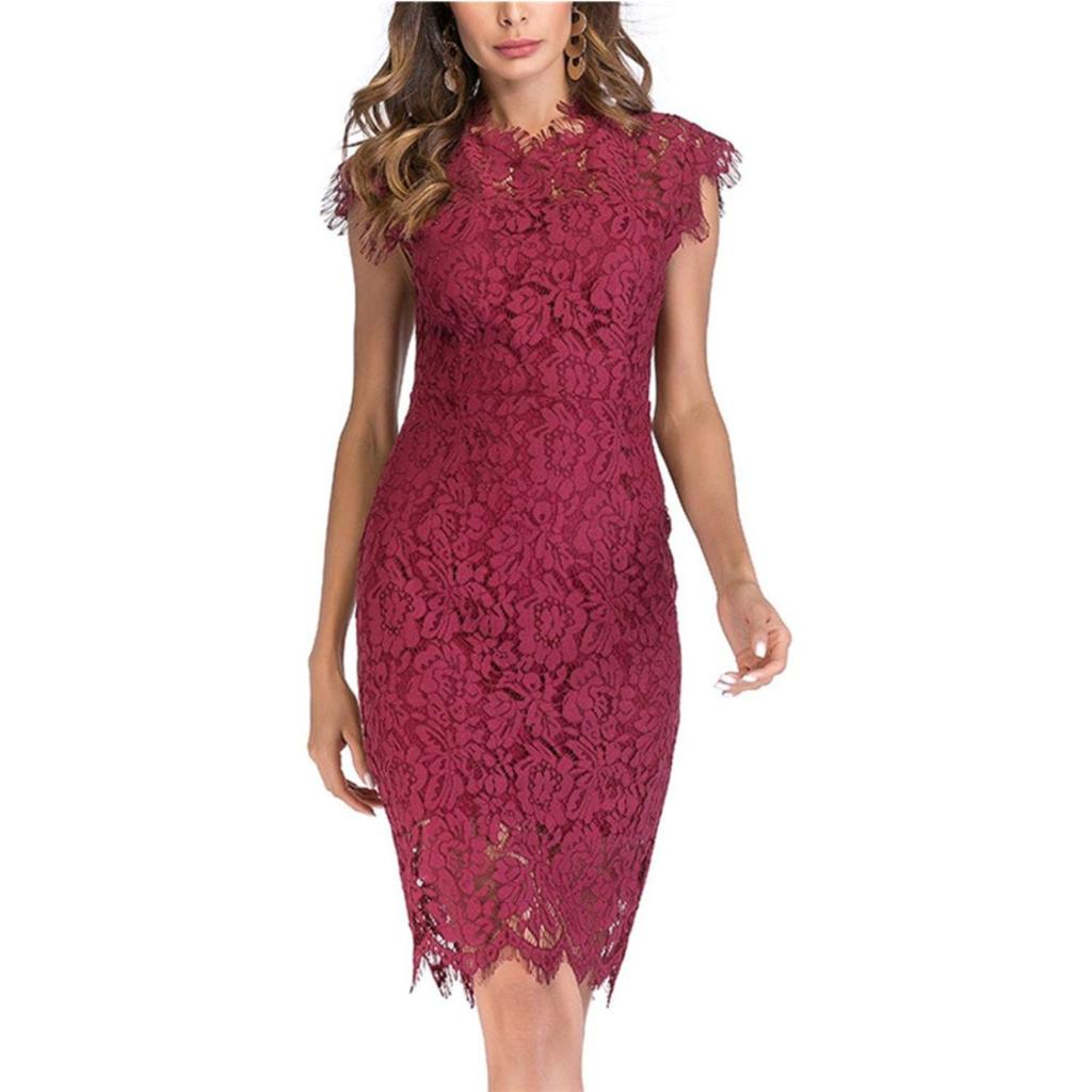 Women's Stand Collar Sleeveless Pencil Midi Dress Casual Lace Trim Solid Color Dress