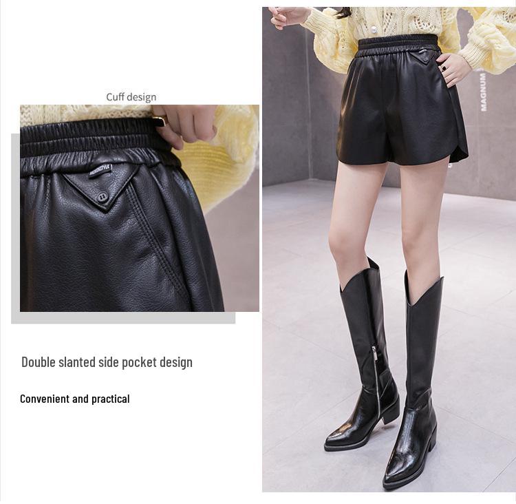2026 Autumn/Winter Women's High Waist A-line PU Leather Shorts with Elastic Waist and Slimming Wide Leg Design