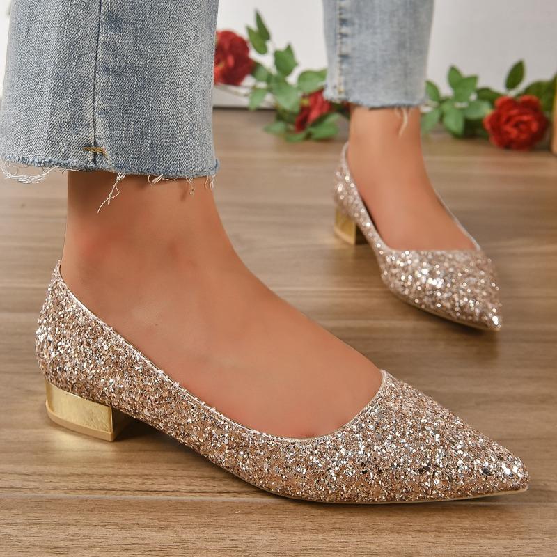 Crystal shoes sequined low heels women's new pointed large size celebrity silver bridal wedding shoes