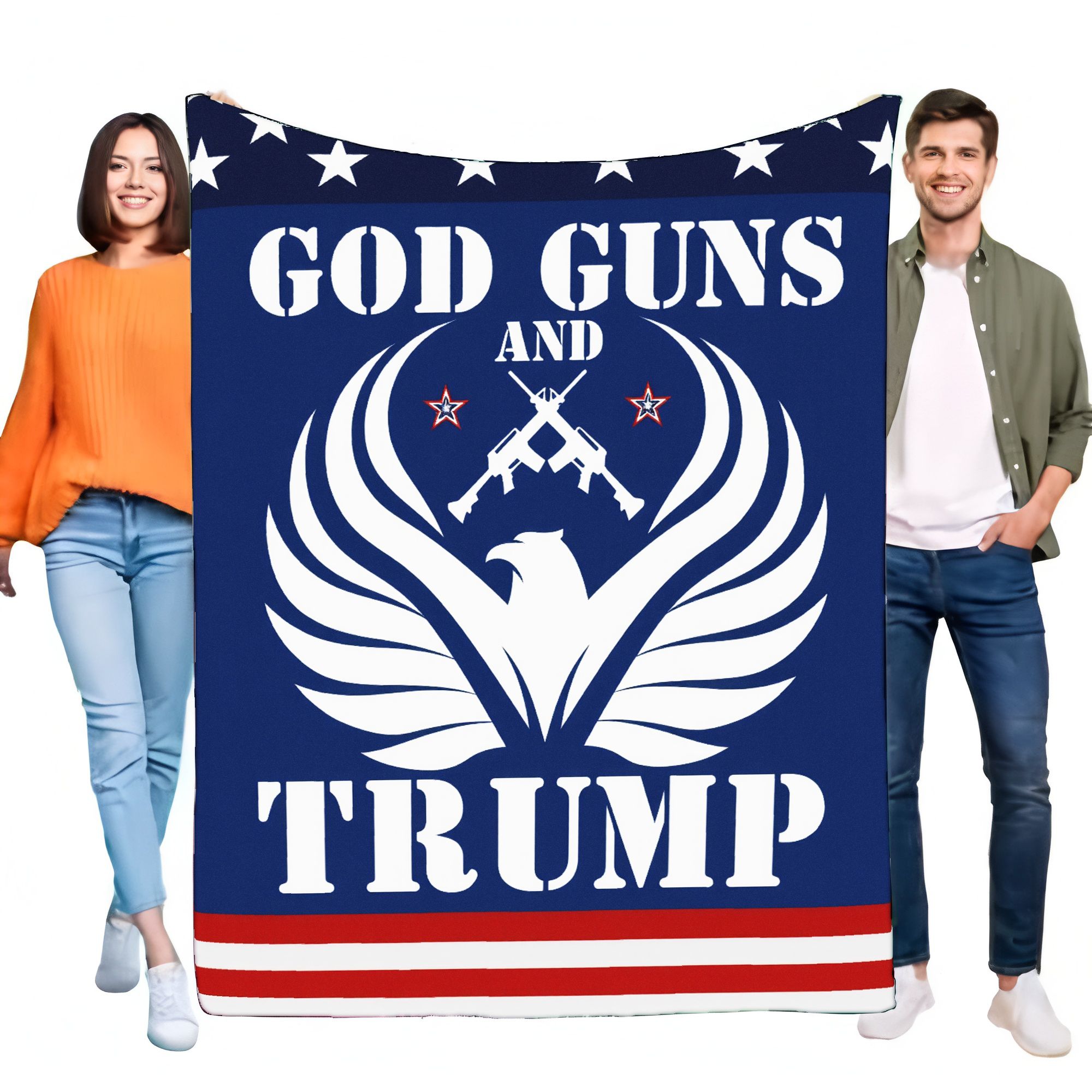 GOD GUNS AND TRUMP Flag Blanket - Patriotic Eagle Design with Crossed Rifles, USA Stars and Stripes, Perfect for Home Decor, Out 100x150cm
