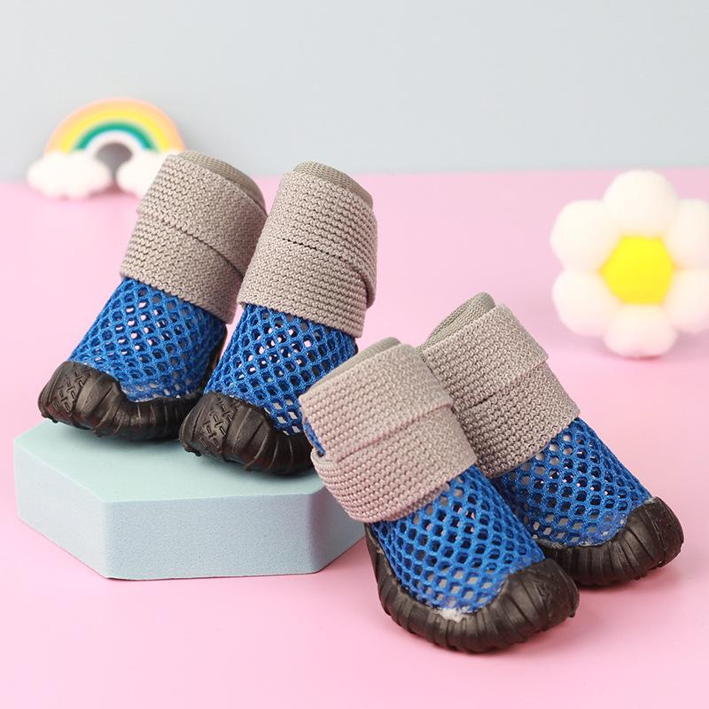 Pet Small Dog Shoes Spring and Summer Hollowed Out Breathable Elastic Soft Stick Not Off Shoes Wear-resistant 4 Soft Soles Non-slip