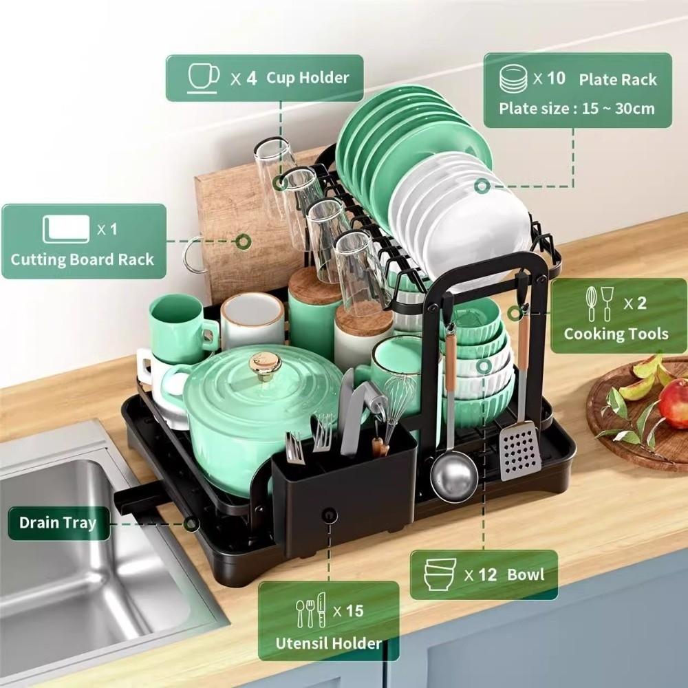 Extendable Drain Pipe Kitchen Dish Storage Rack Kitchen Plates Organizer for Sink Countertop
