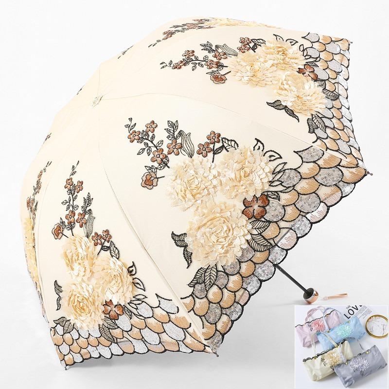 

Зонт от солнца женский, с защитой от ультрафиолета, кружевной зонтик с вышивкой, тройной зонтик с вышивкой, виниловый, принцесса, солнечный свет, дождь