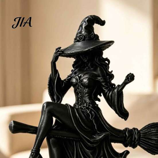 Unique Witch Gift for Her Gothic On Broom Statue, 3D Printed Spooky Tabletop Figurine Home Office Ornament Party, Black Halloween Desk Decor