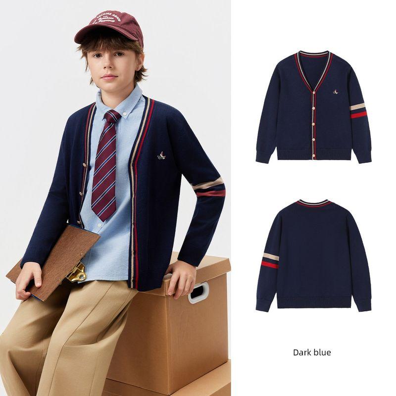 Navigare Italian Small Sailboat Boys Knitted Cardigan 2026 Spring New Style Kidsren s V-Neck Sweater Jacket College Gentleman-Dark Blue 165