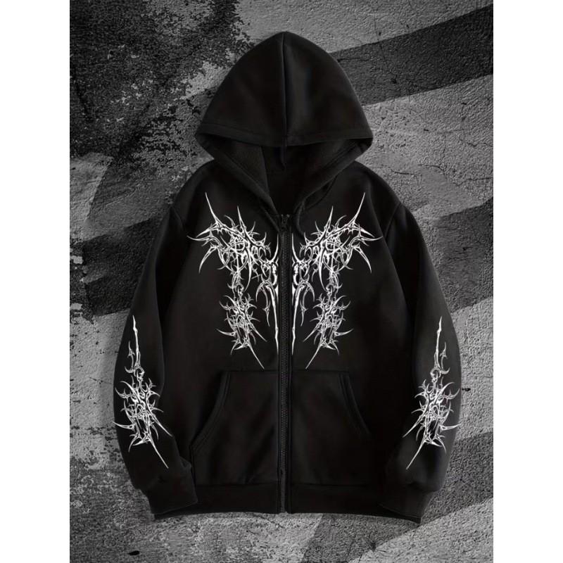 Gotický Kříž Sanskrtský Potisk Volná Mikina na Zip Pánská Ležérní Streetwear