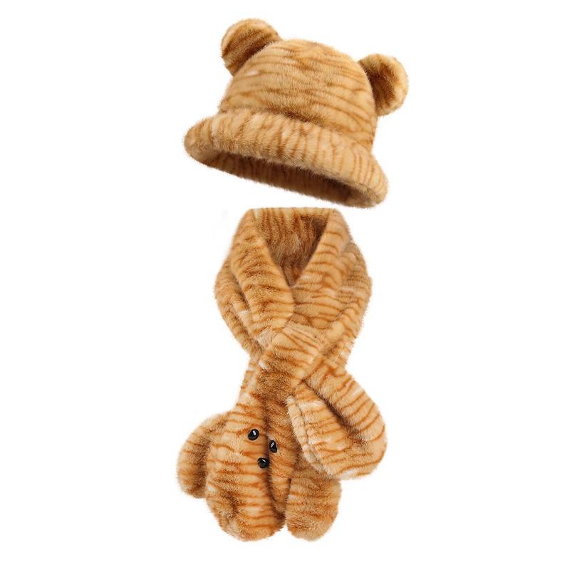 Women's Thickened Warm Scarf & Little Bear Fisherman Hat with Neck Protection, Trendy Cartoon Leopard Print Color Block.
