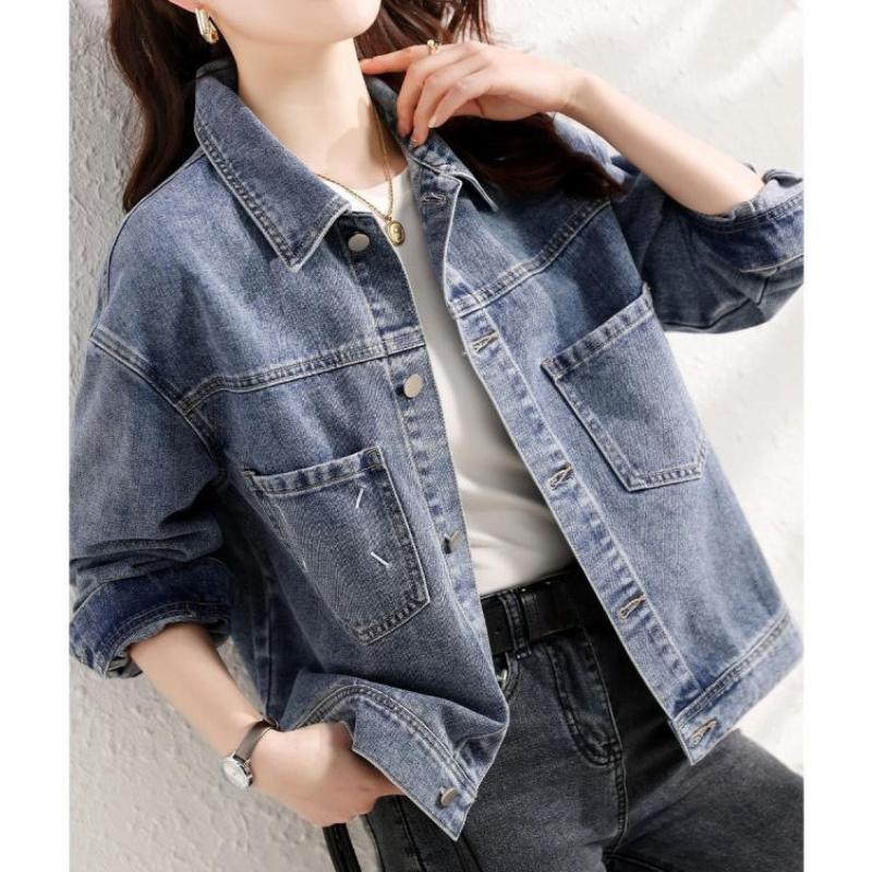 Denim Jacket Women's Short Spring and Autumn Retro Temperament Loose and Thin Versatile Jacket Cardigan Top Blue Drop Shoulder Denim Coat