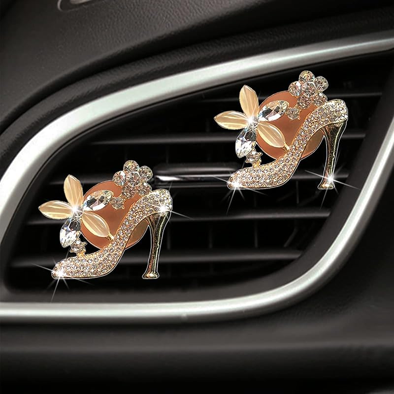 2 Pieces Crystal High Heel Shoe and Magic Bag Air Vent Clips Rhinestone Car Air Freshener Clip Bling Car Clip Gift Decorations Charm Car Inter Air Golden Crystal High Heel