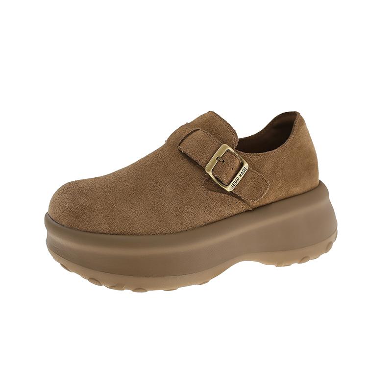 

One Buckle Platform Wedge Single Spring and Autumn Round Toe Deep Mouth Bull Suede Non-Slip Low Top Shoes 35 хаки