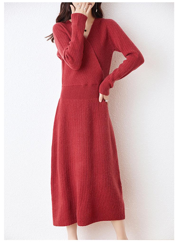 Women's 100% Pure Wool Mid-Length V-Neck Sweater Dress - Long Sleeve, Below Knee, Autumn/Winter Style