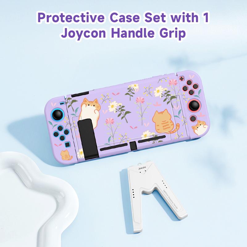 1 Piece Orange Cat and Flower Protective Case with 1 Gamepad Grip for Switch NS/Oled, Drop and Scratch Resistant