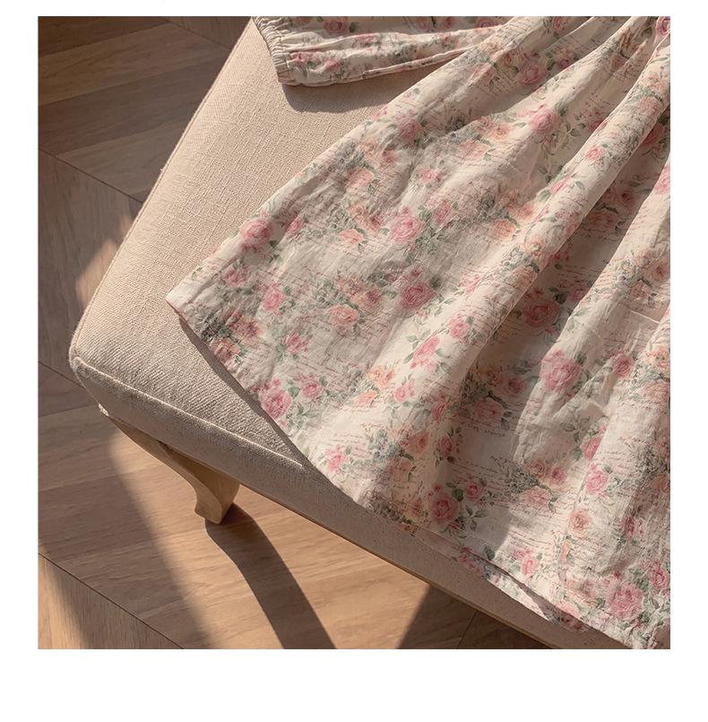 2026 Autumn French-Korean Style Doll Collar Girls' Printed Long Sleeve Dress with Ruched Skirt