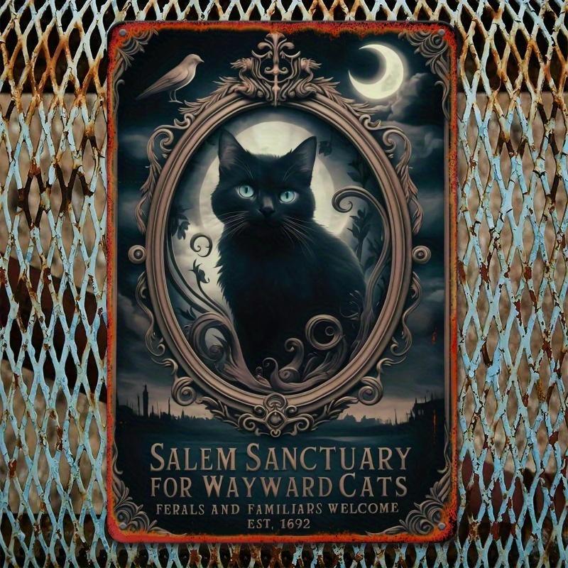 PC Style Salem Sanctuary for Wayward Cats Metal Sign Wall Hanging Decor Rustic Art with Ornate Frame Moonlit Night Design