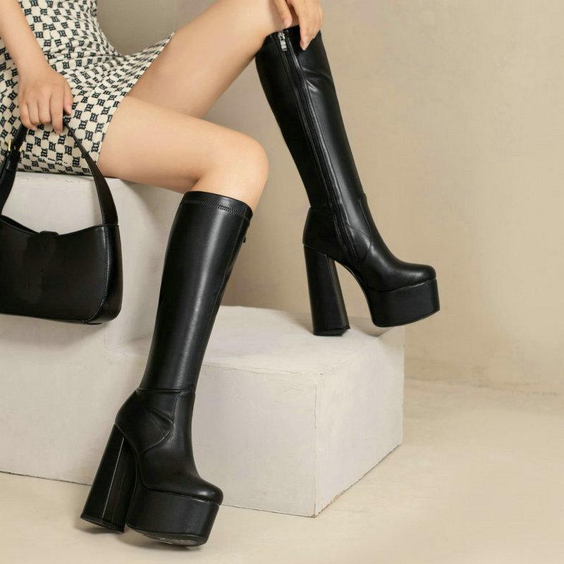 

Женские сапоги до колена на платформе с высоким каблуком, женские эластичные сапоги с застежкой-молнией 43 чёрный