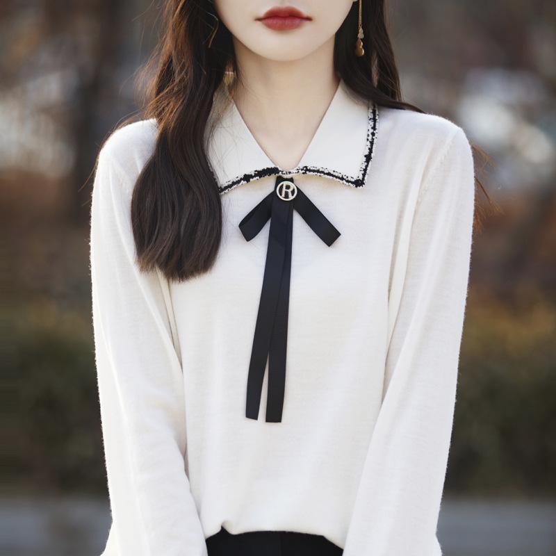 

Women s Polo Collar Merino Wool Cardigan with Ribbon Bow S