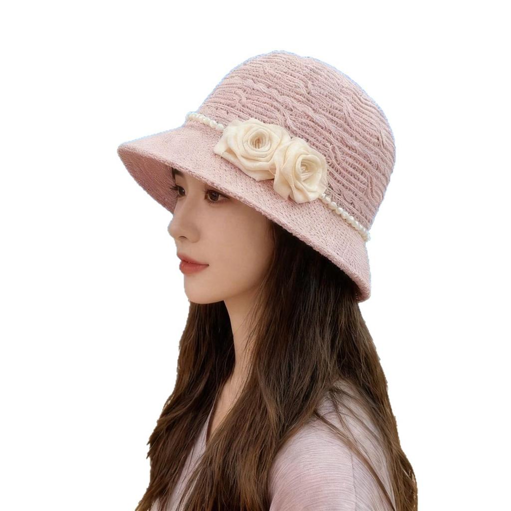 French Elegant Flower Pearl Knitted Fisherman's Hat Ladies Summer Fashion Face Small Shade Straw Hat Sun Hat