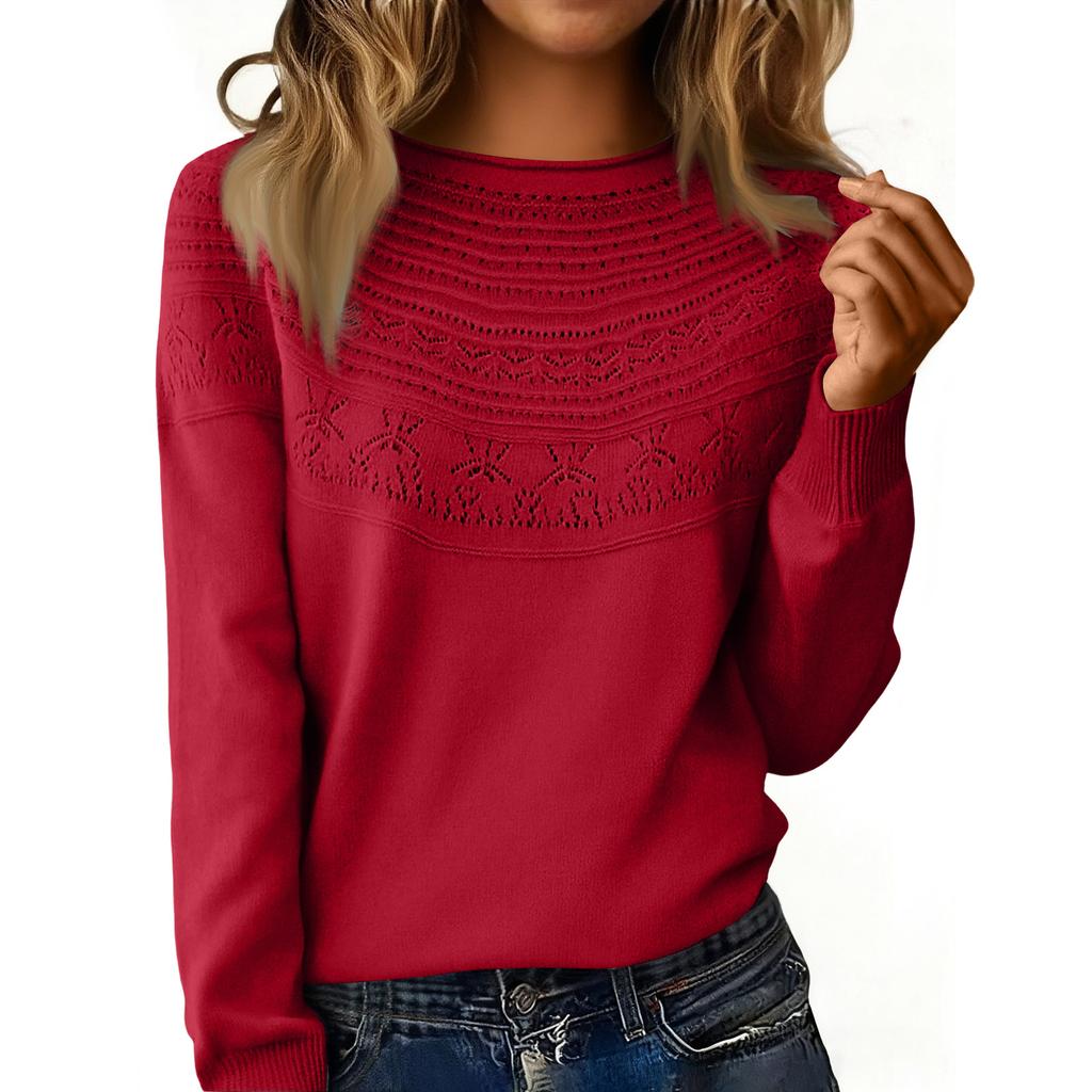 Women's Fashion Rolled-Collar Round Neck Lace-Up Pullover Knit Sweater Long Sleeve Solid Color Sweater