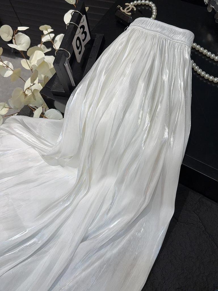 High-Waisted Retro Pleated A-Line Chiffon Skirt with Pearlescent Sheen