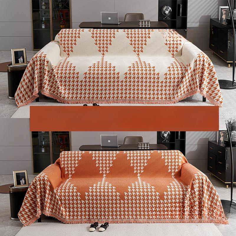 New Houndstooth Chenille Double-sided Sofa Towel, Universal for All Seasons, Exquisite Tassel Lace Sofa Cushion Cover Towel, Non-slip Cushion