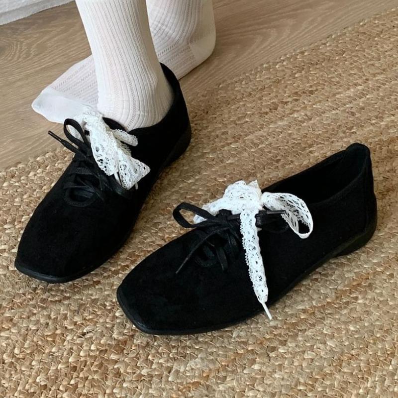 Fashion High Quality Faux Suede Flats Women Retro Square Toe Lace Up Bow Designer Shoes Comfortable Soft Sole Loafers Sandalias De Mujer