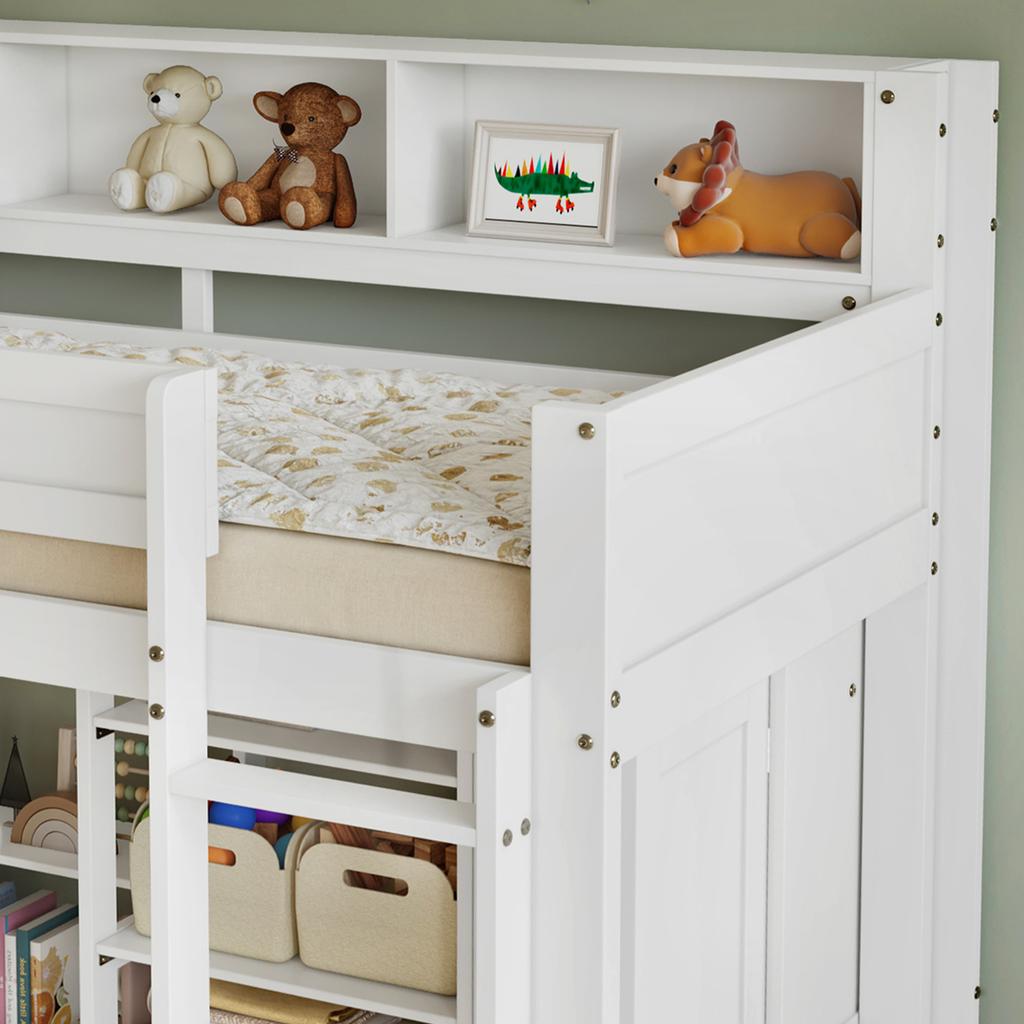 Letto a Castello con Scrivania e Armadio, Letto per Bambini, Barra di Protezione Anti-caduta, con Mensole e Scala a Quattro Gradini, Contenitore, Pino+MDF+Compensato, Bianco, 90x200cm