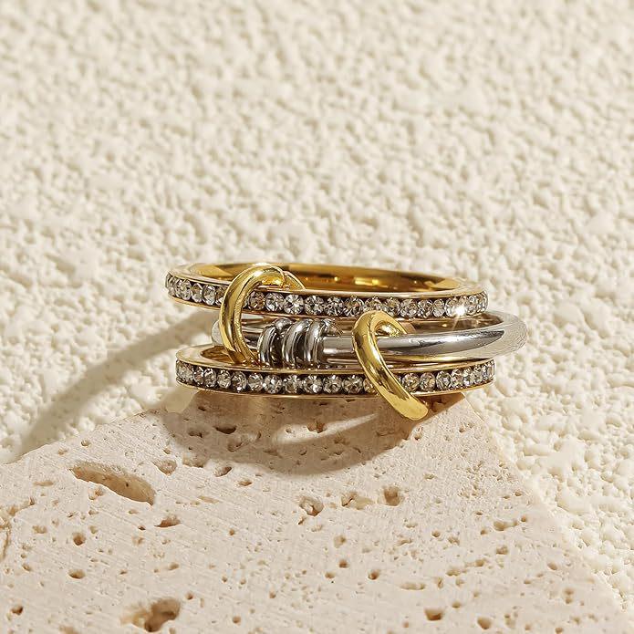 Two-Tone Stainless Steel Zircon Diamond Interlocking Ring