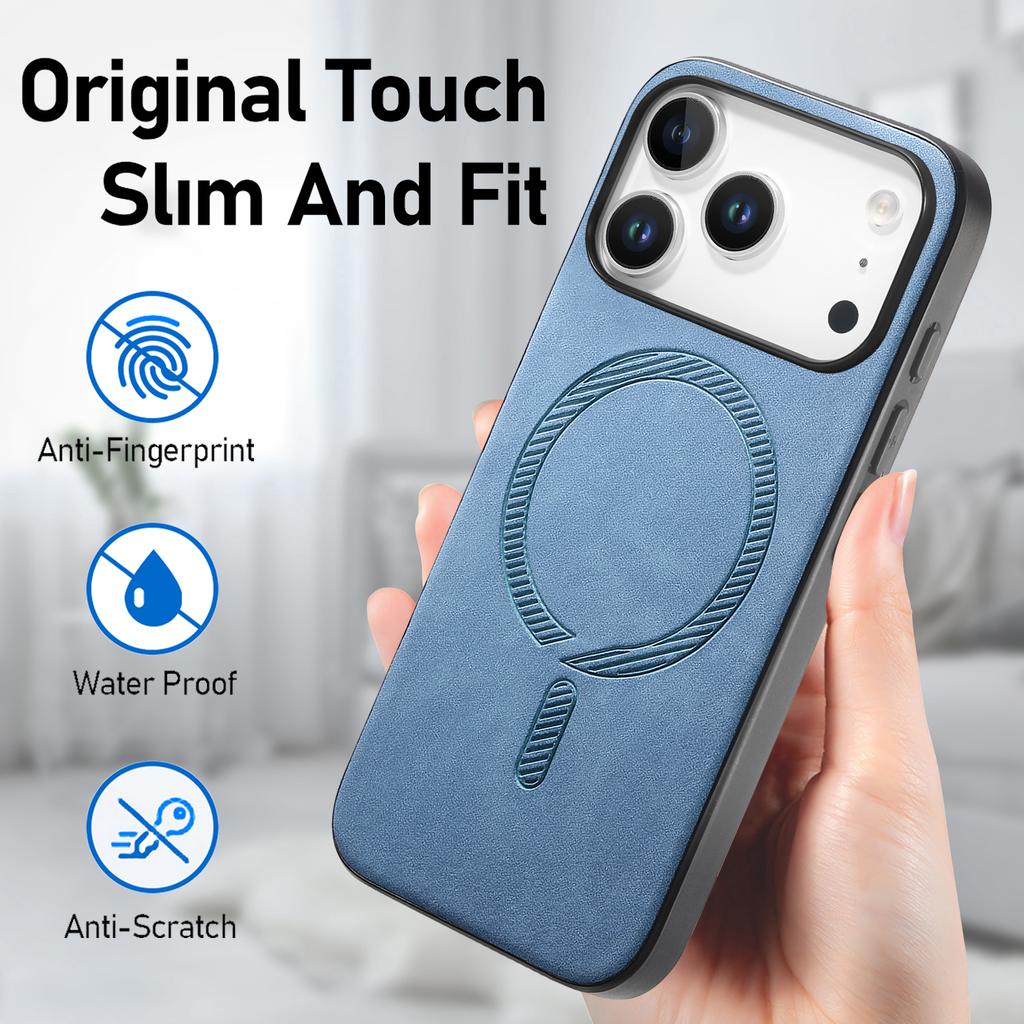 For iPhone 17 Pro Leather Back Case Compatible with MagSafe Skin-touch Phone Cover