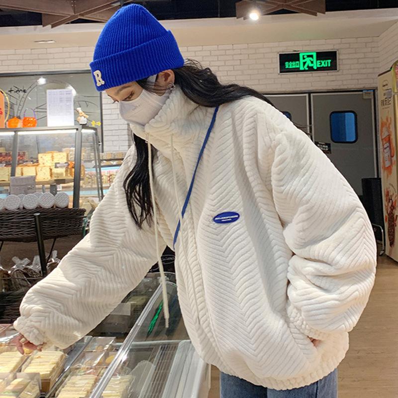 

Женская шуба из искусственного меха ягненка, плюшевая длинная свободная куртка с воротником-стойкой, утолщенное пальто, женская осень и зима XL белый