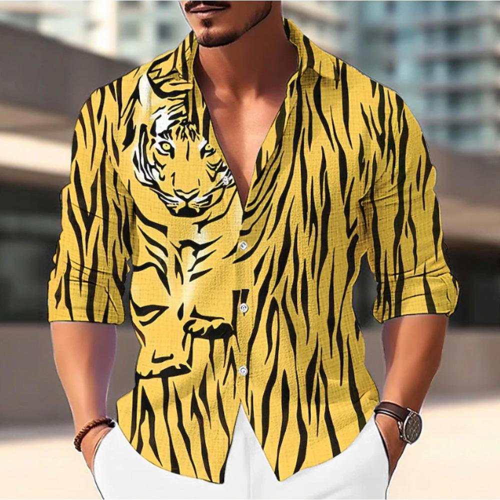 Men's Tiger Printed Long Sleeve Shirts Casual Cardigan New Button Holiday Fashion Shirts