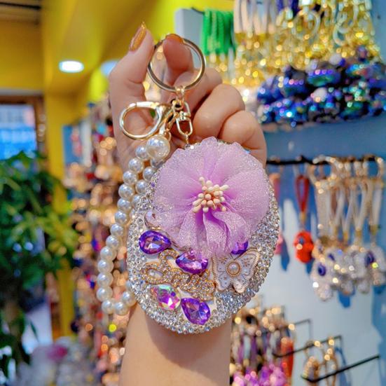 Bling Rhinestone Round Pocket Mirror with Metal Keychain Folding Double-Sided Makeup Mirror Bead String Charm for Purse Handbag Wallet Travel