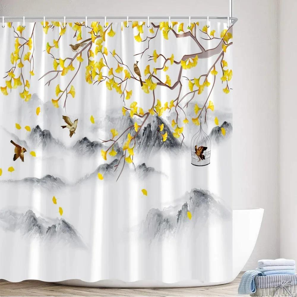 Japanese Style Shower Curtain Koi Fish Cherry Blossom Sun Sea Wave Octopus Landscape Polyester Fabric Curtains Bathroom Decor